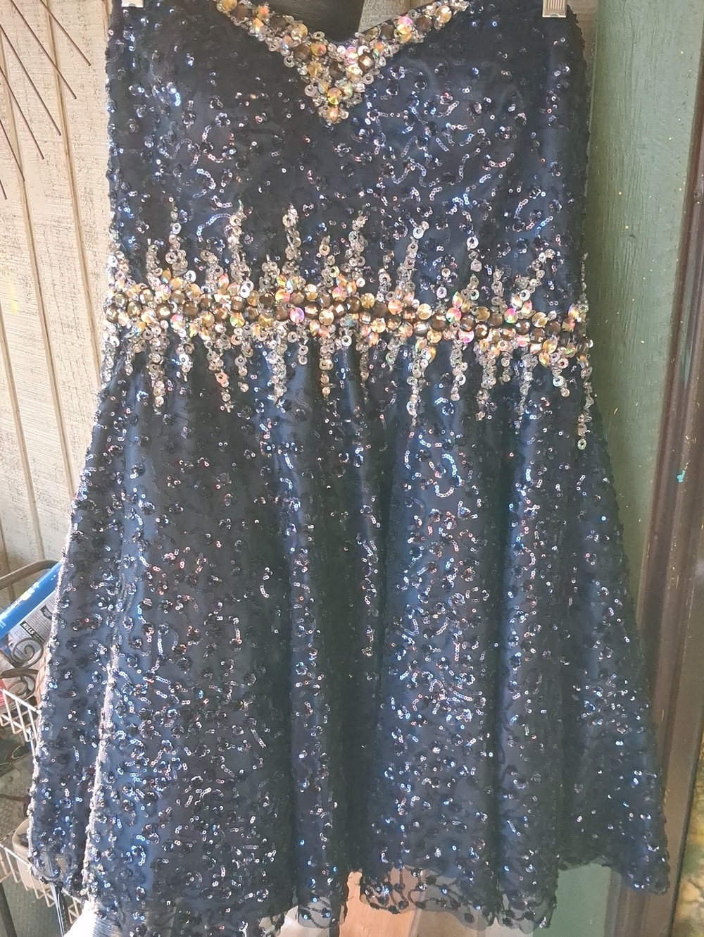Navy Sequin Party Dress with Jeweled Waist